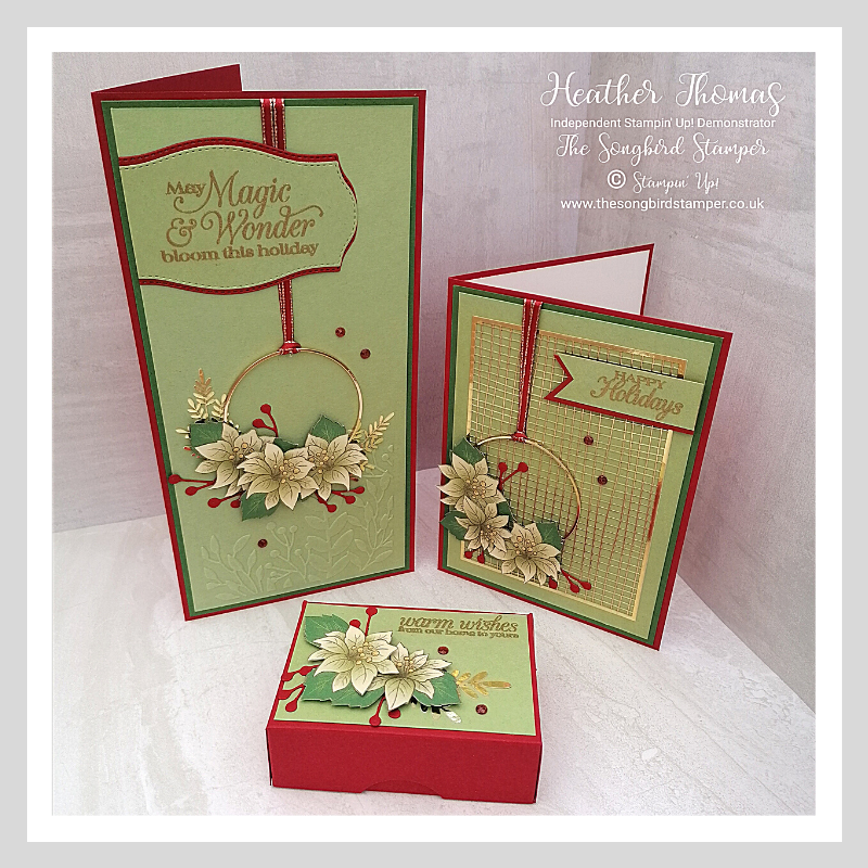 A trio of handmade cards and a box using the Poinsettia Place suite of products from Stampin' Up!