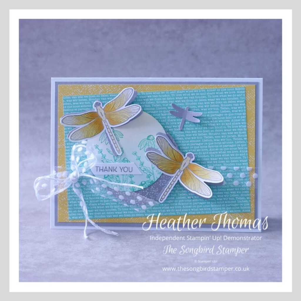 A handmade card with dragonflies in grey, turquoise and yellow, showing how easy and fun it can be creating from a sketch challenge