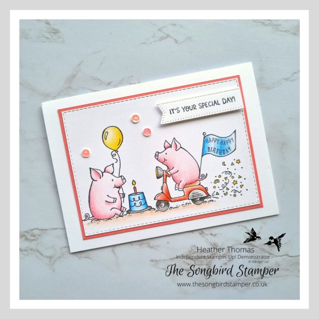 An easy handmade card with cute piggy images coloured in with watercolour pencils.