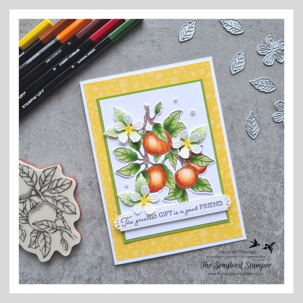 A handmade card with apples and apple blossom, showing mixed media colouring techniques