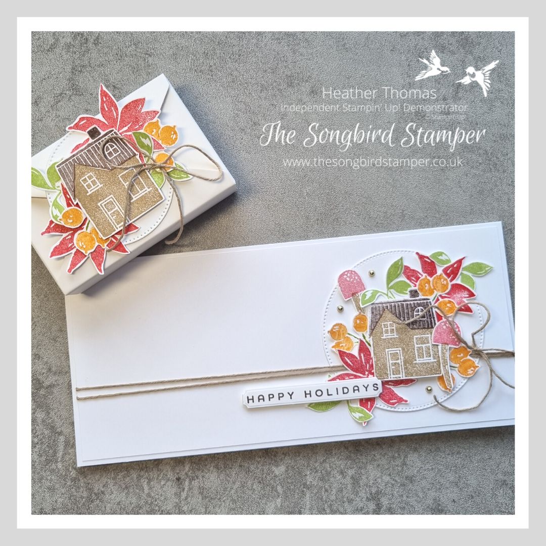 A handmade card and gift box using the Ringed with Nature stamp set from Stampin' Up! with a house, flowers and leaves in some muted Christmas colours. 