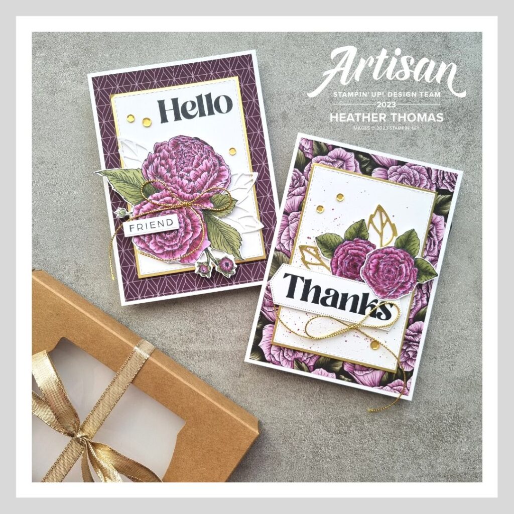 Two handmade cards made by colouring flowers with alcohol markers, in purple, white and gold, using the fragrant flowers set by Stampin' Up!
