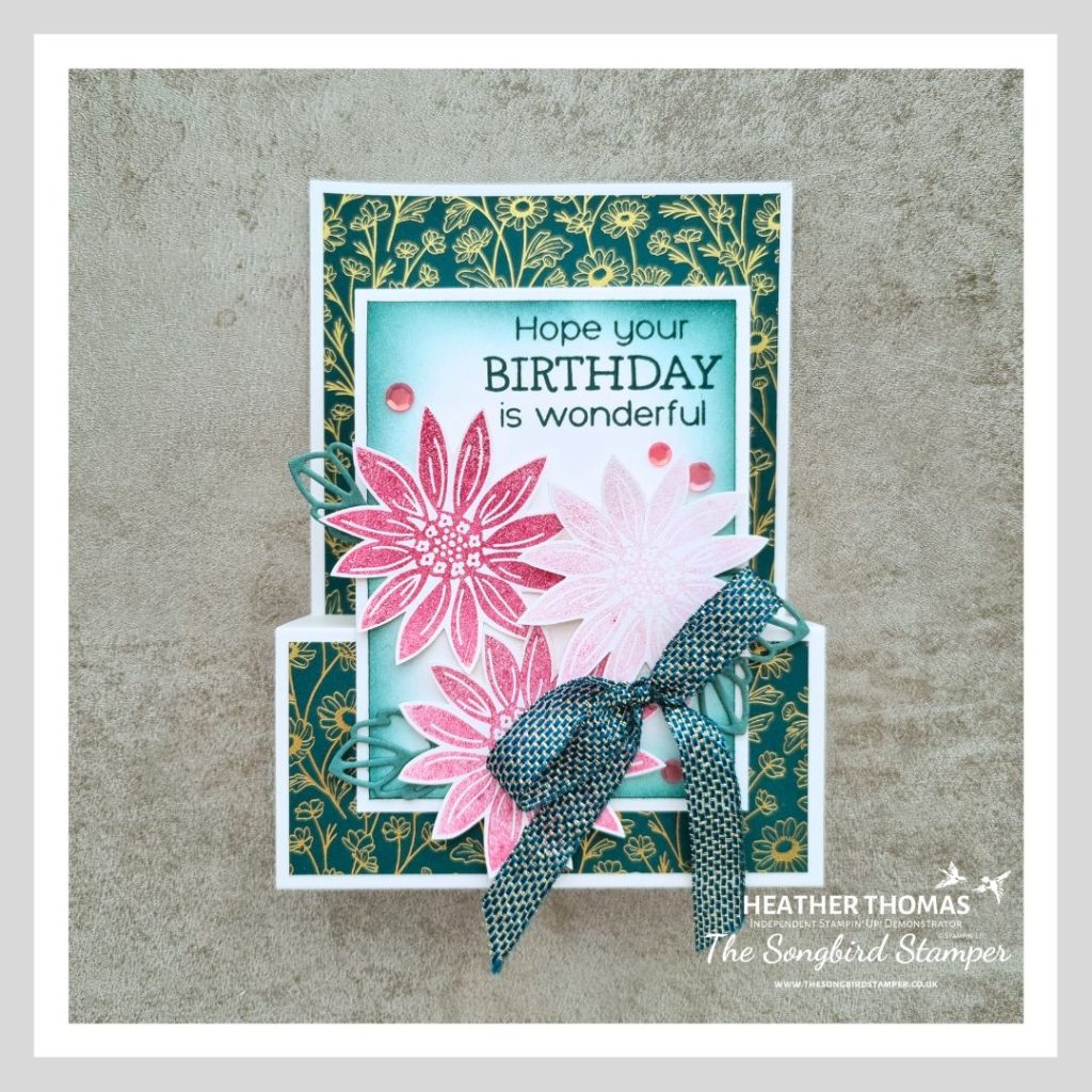A step-fold card with pink flowers and a green background with the words "Hope your birthday is wonderful"