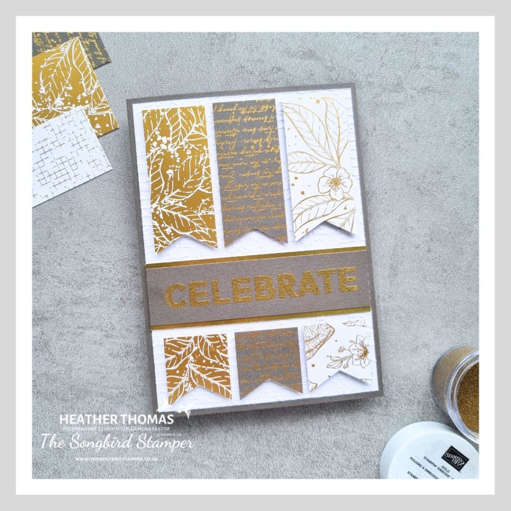 An easy Father's Day card in grey, gold and white, with three strips of paper and a gold heat embossed greeting saying CELEBRATE