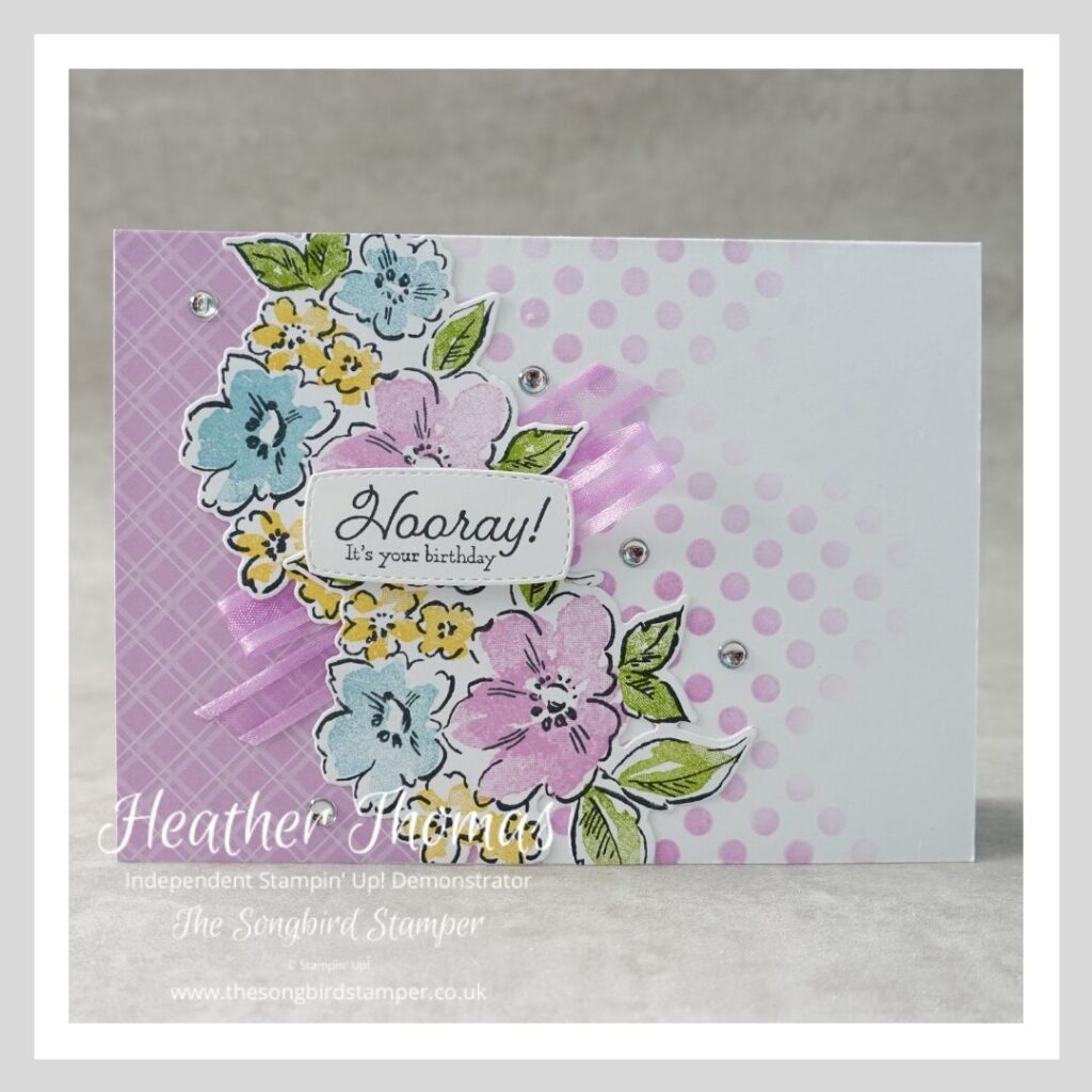 A handmade card in purple and white using the Hand Penned Petals stamp set from Stampin' Up! and designed to show how you can make three cards from one layout.