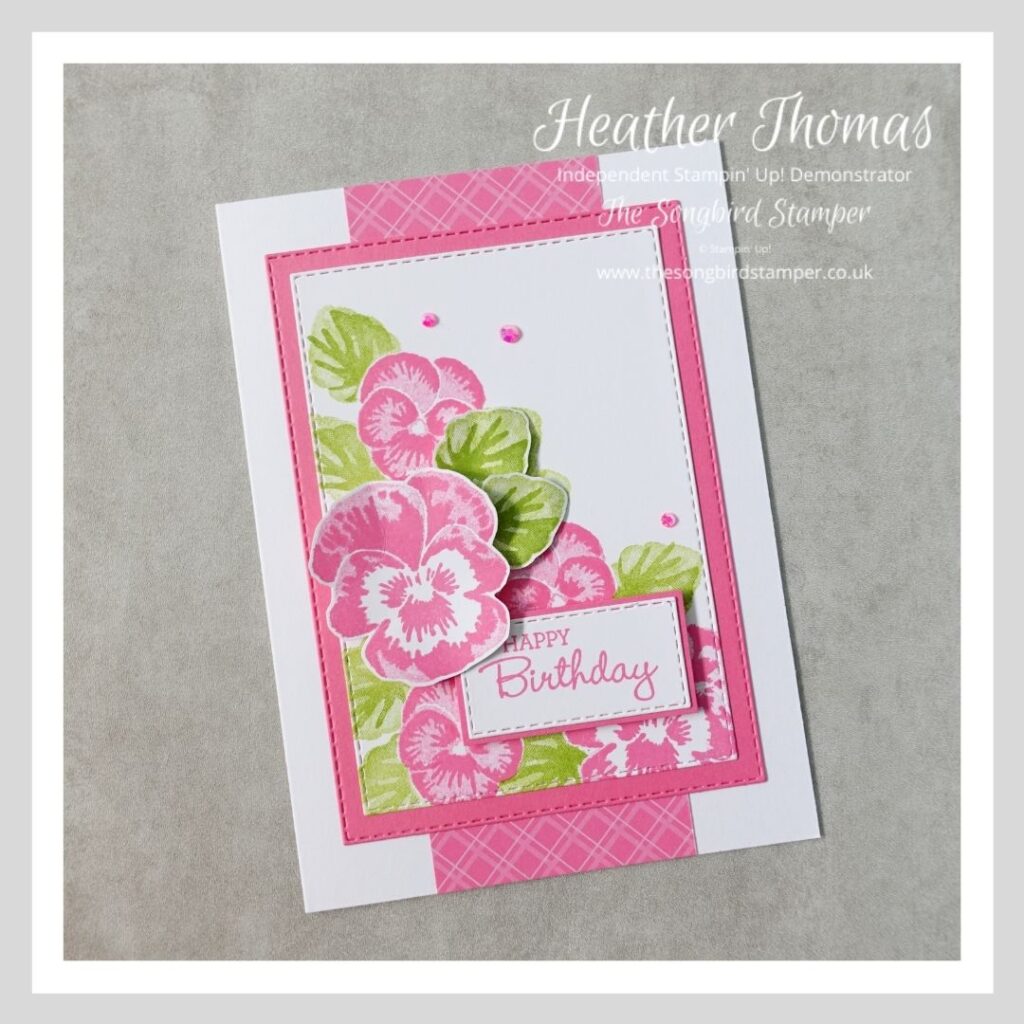 A card to demonstrate how to create a field of pink pansies, using the pansy patch stamp set from Stampin' Up!