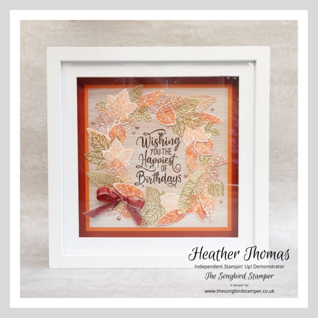 How to make handmade home decor - a picture of a framed piece of art made using the new Gorgeous Leaves bundle from Stampin' Up! in golds, oranges and reds. 