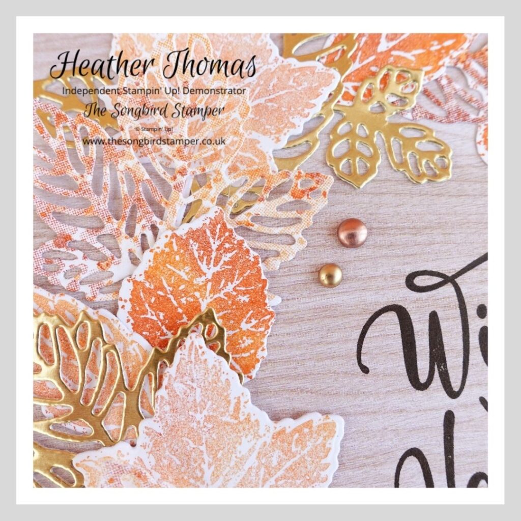 How to make handmade home decor - a close up picture of a framed piece of art made using the new Gorgeous Leaves bundle from Stampin' Up! in golds, oranges and reds. 