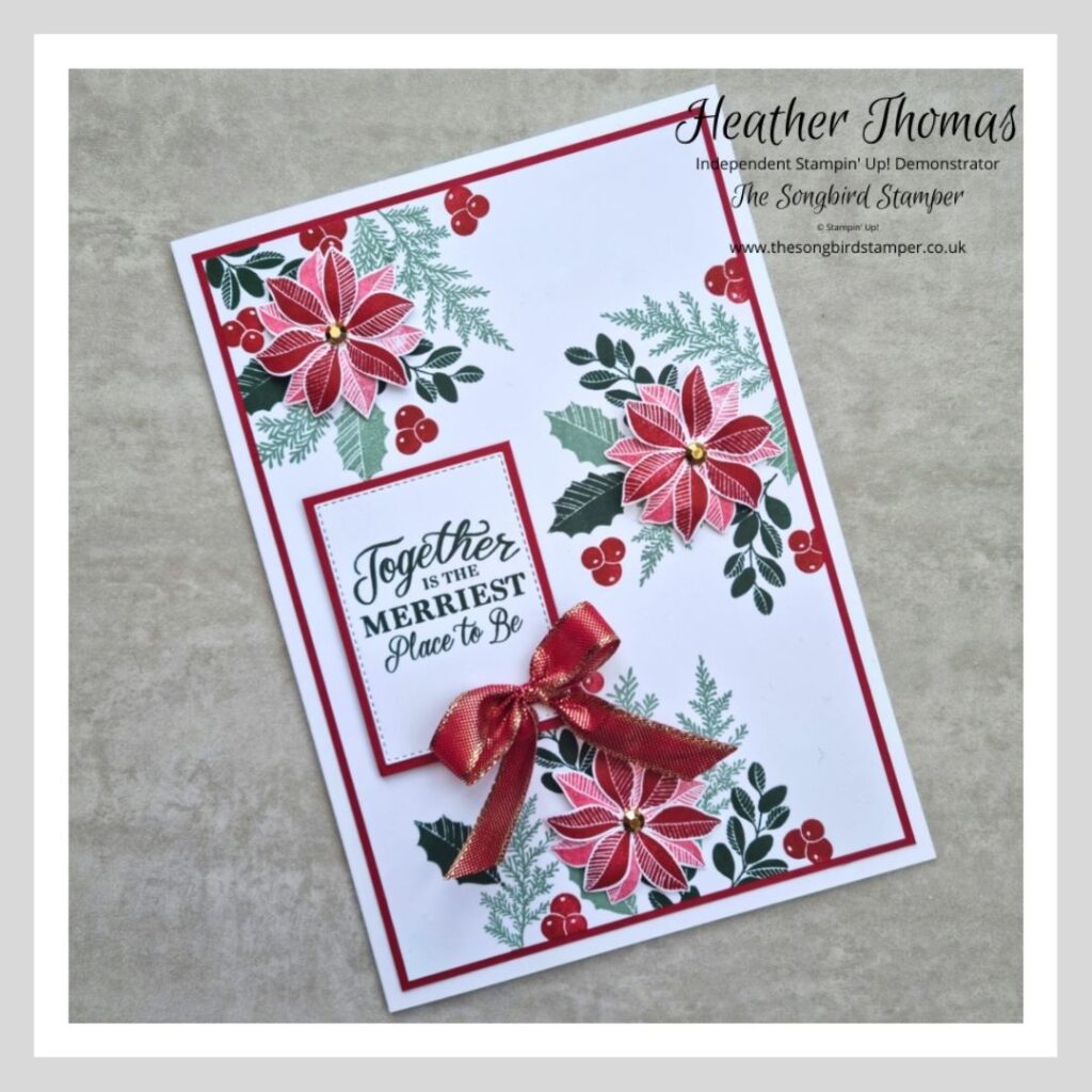 An extra large Christmas card in greens and reds, made using the Merriest Moments bundle from Stampin' Up!