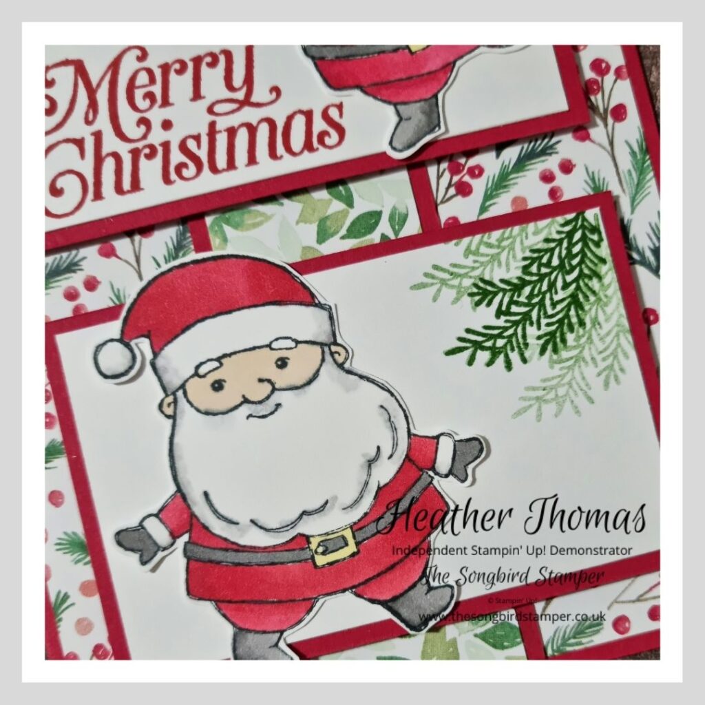 A close up of a handmade card with a cute Santa Claus  - my take on a cardmaking sketch challenge