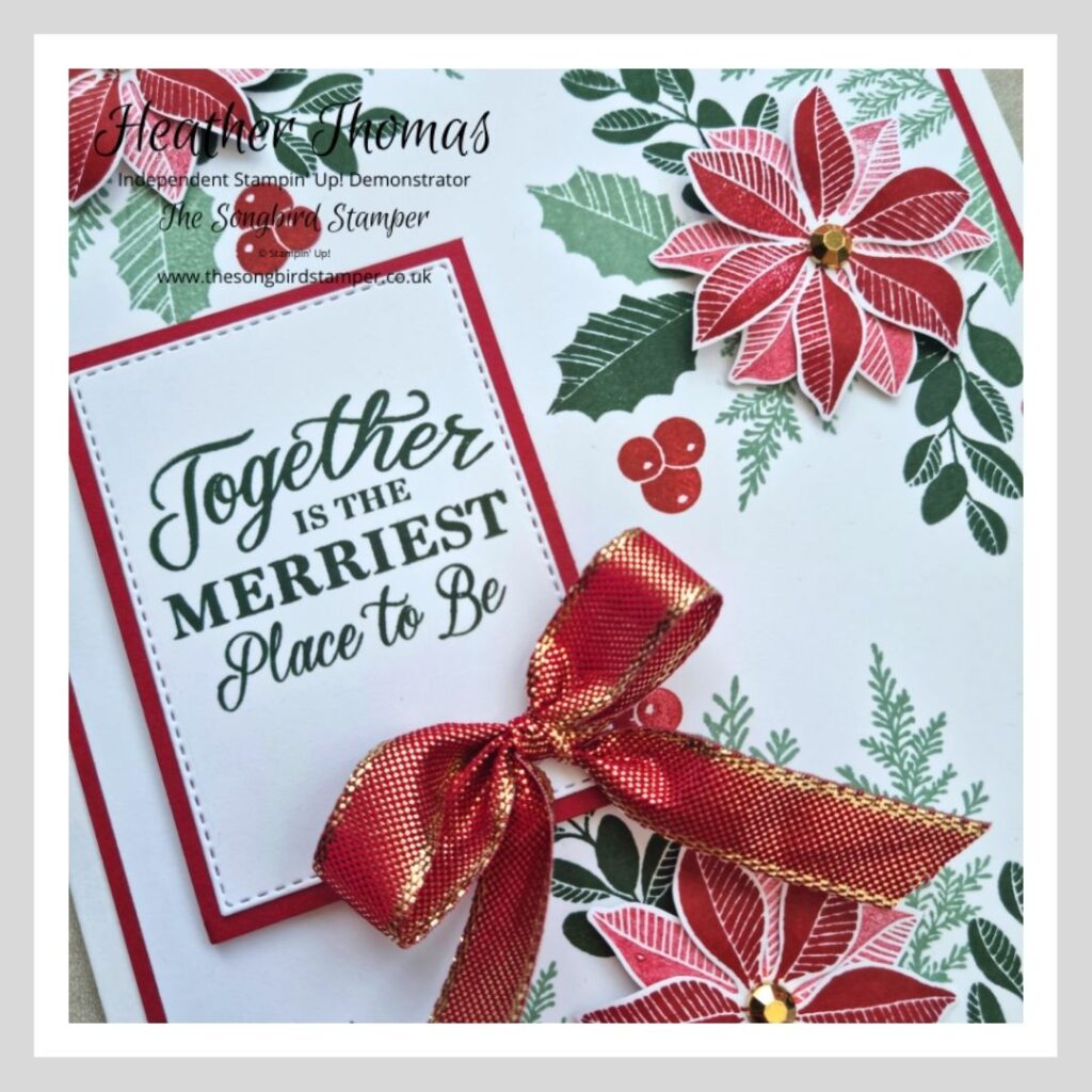 A close up of an extra large Christmas card in greens and reds, made using the Merriest Moments bundle from Stampin' Up!
