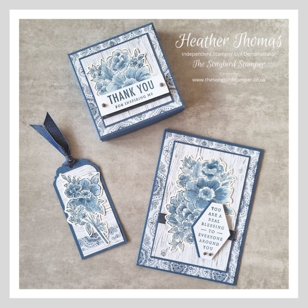 Handmade gift packaging set with card, tag and box, all in blue and white designs
