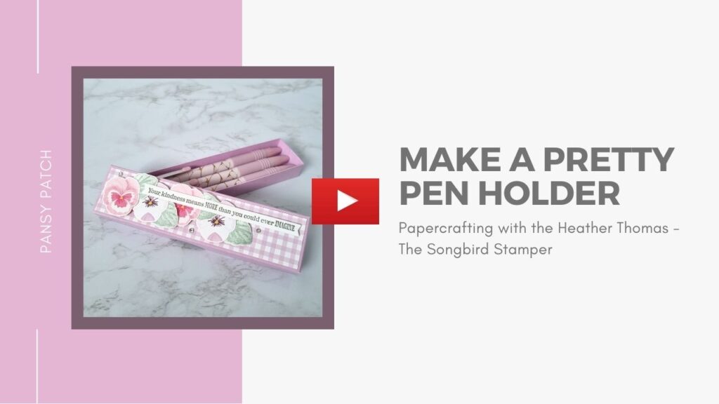 A YouTube thumbnaul showing a handmade thank you gift, a pretty pen holder made from purple card with pansies and leaves on the front. 
