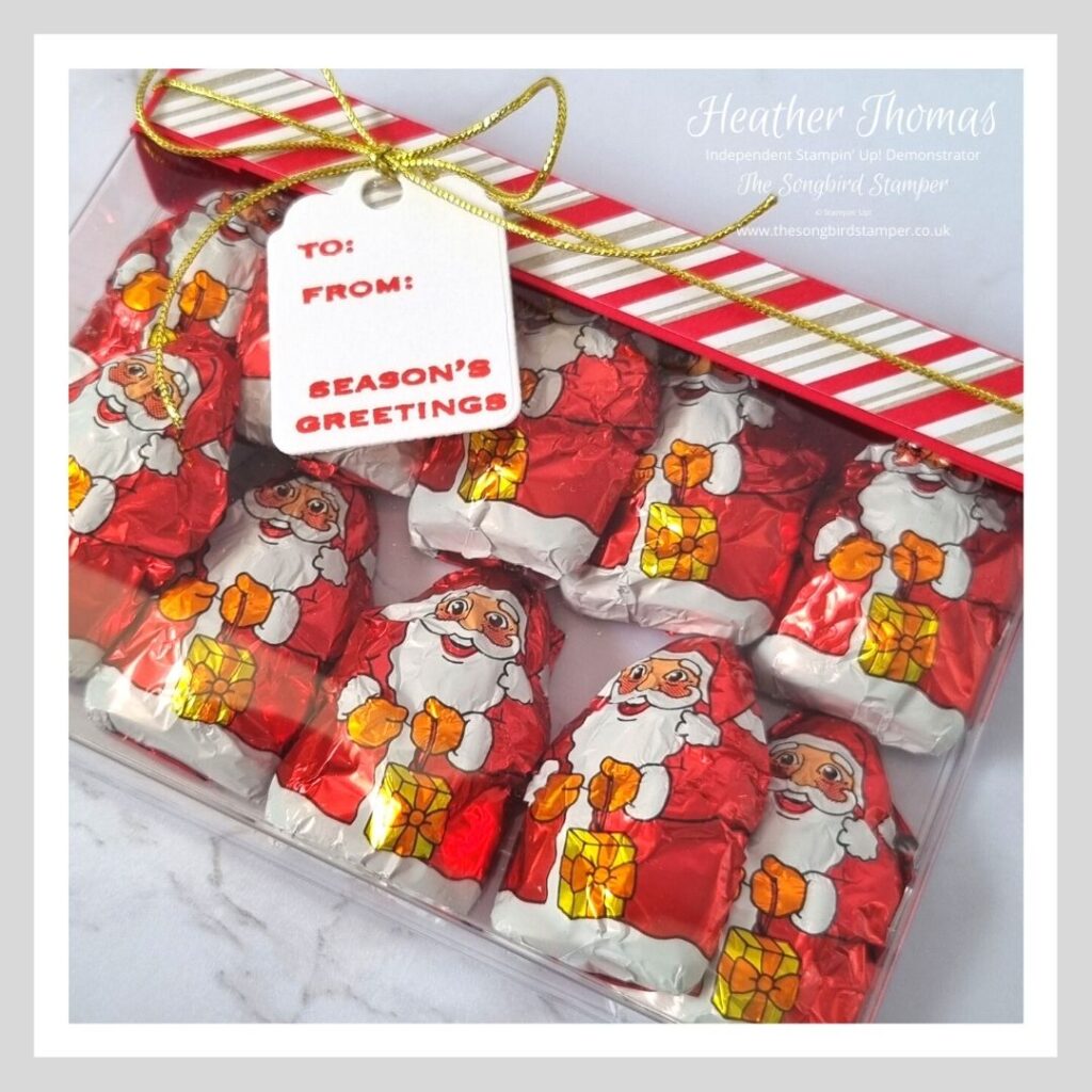 A super simple stocking filler idea, handmade using products from Stampin' Up! and filled with chocolate santas.