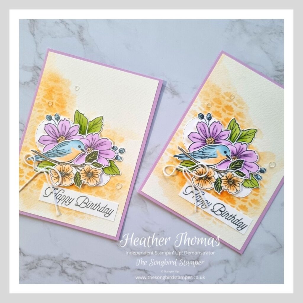 Two handmade cards with birds and flowers showing the difference between stamping with black ink or grey ink
