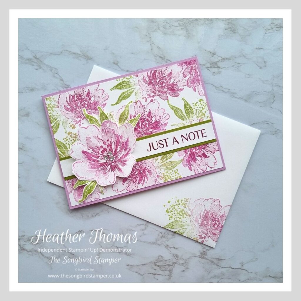 A quick and easy handmade card with gorgeous flowers in purples and greens.