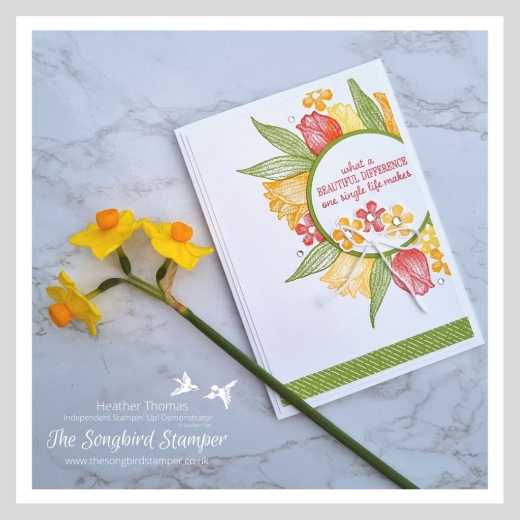 a spring themed greetings card with tulips and flowers in reds, oranges, yellows and greens