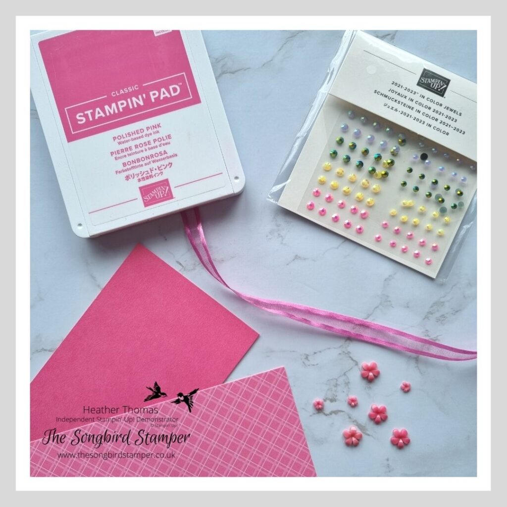 A picture showing Colour Coordination by Stampin' Up! with inks, papers, ribbon and embellishments all in a gorgeous pink colour