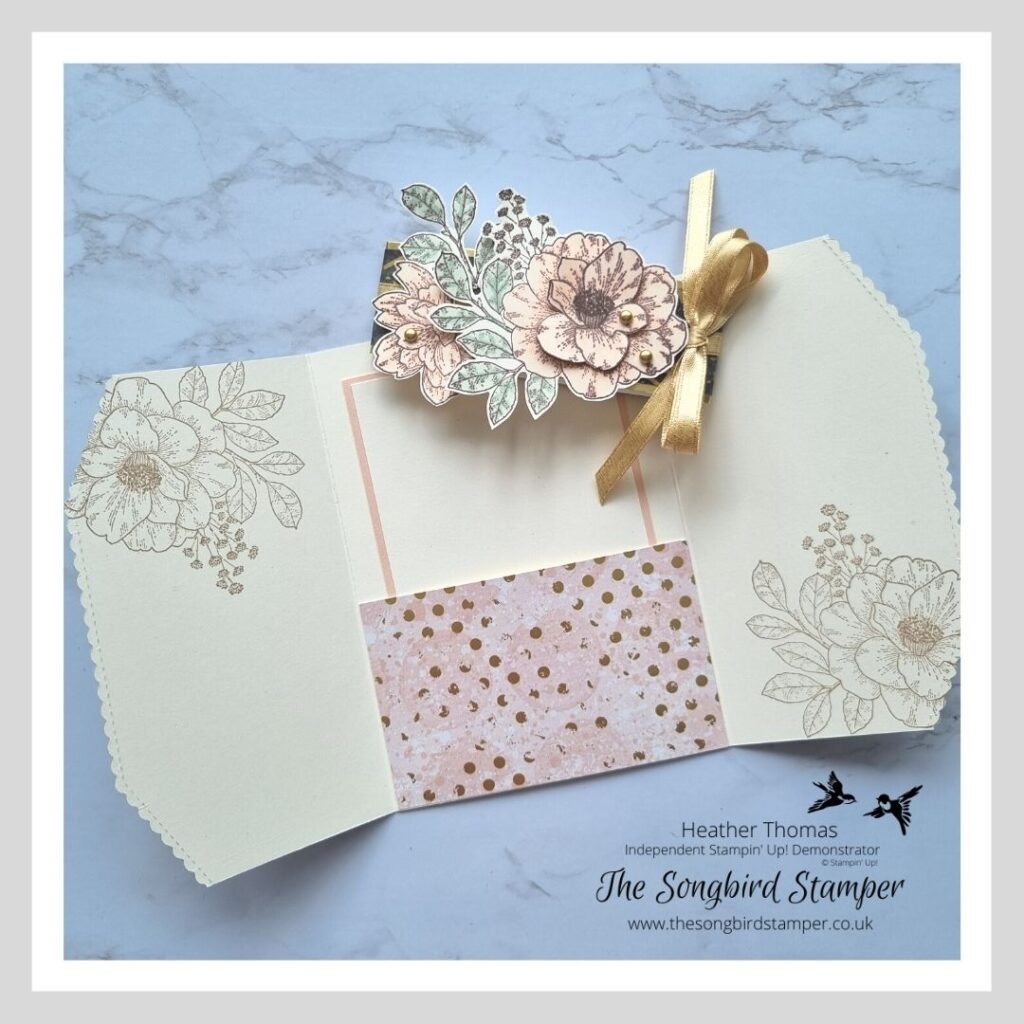 The inside of one of my handmade wedding invitations in cream, mint and pink