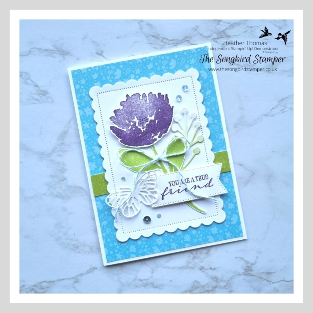 A card made using the new Stampin' Up! In Colors, with a flower and the words "you are a true friend"