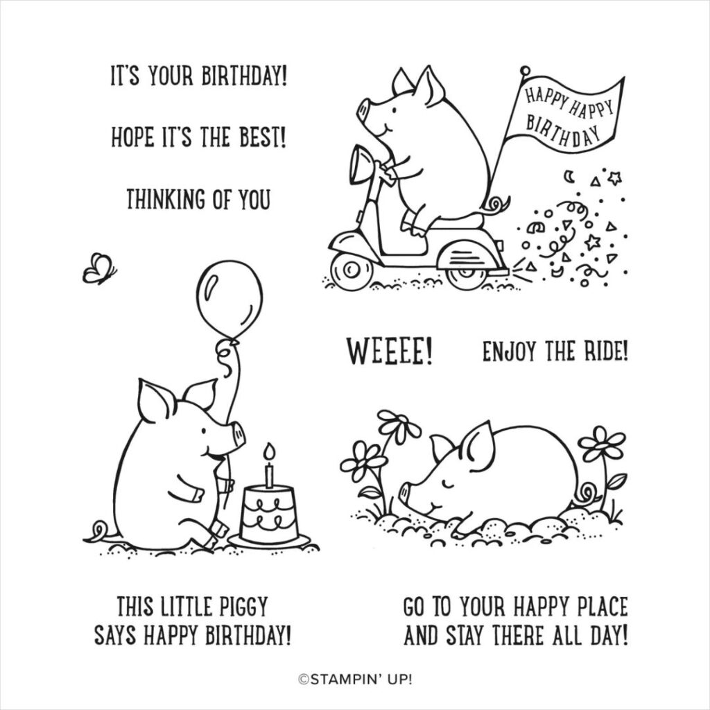 This Birthday Piggy Stamp Set from Stampin' Up! with cute lined image drawings of piggies and some charming sentiments. 
