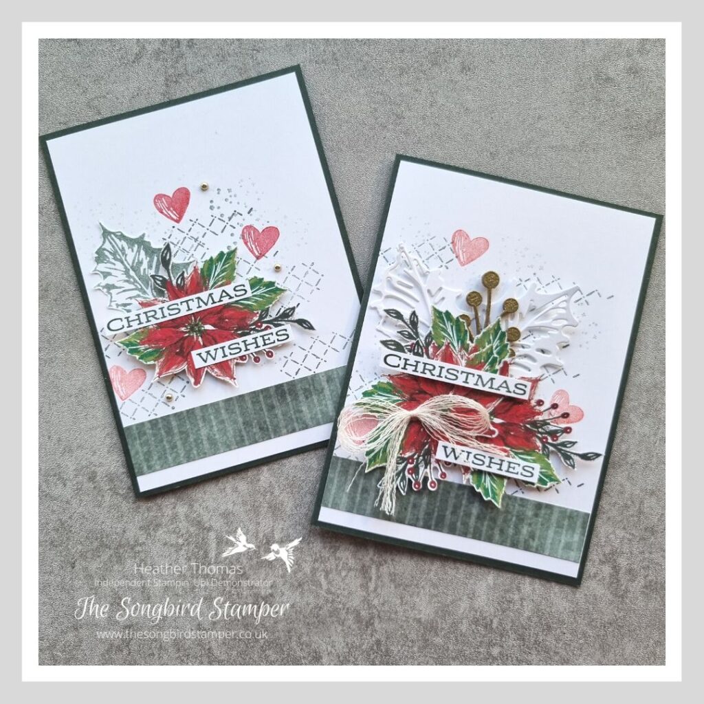 Two Christmas cards with poinsettias and holly leaves, showing how to step up a simple card