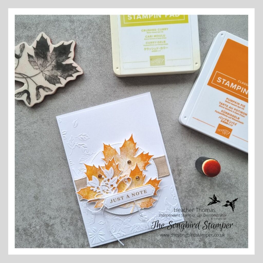 A picture showing a handmade card and the supplies needed to try the two tone autumn leaves technique