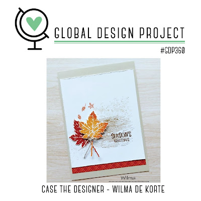 A card made by Wilma de Korte, the starting point for my tutorial on how to step up a simple card. Her card is autumn colours with leaves in red and orange.