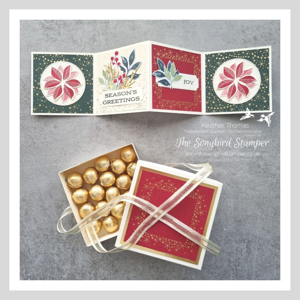 Make a card in a box, in red, green and vanilla, with a little concertina card and a box of chocolates.
