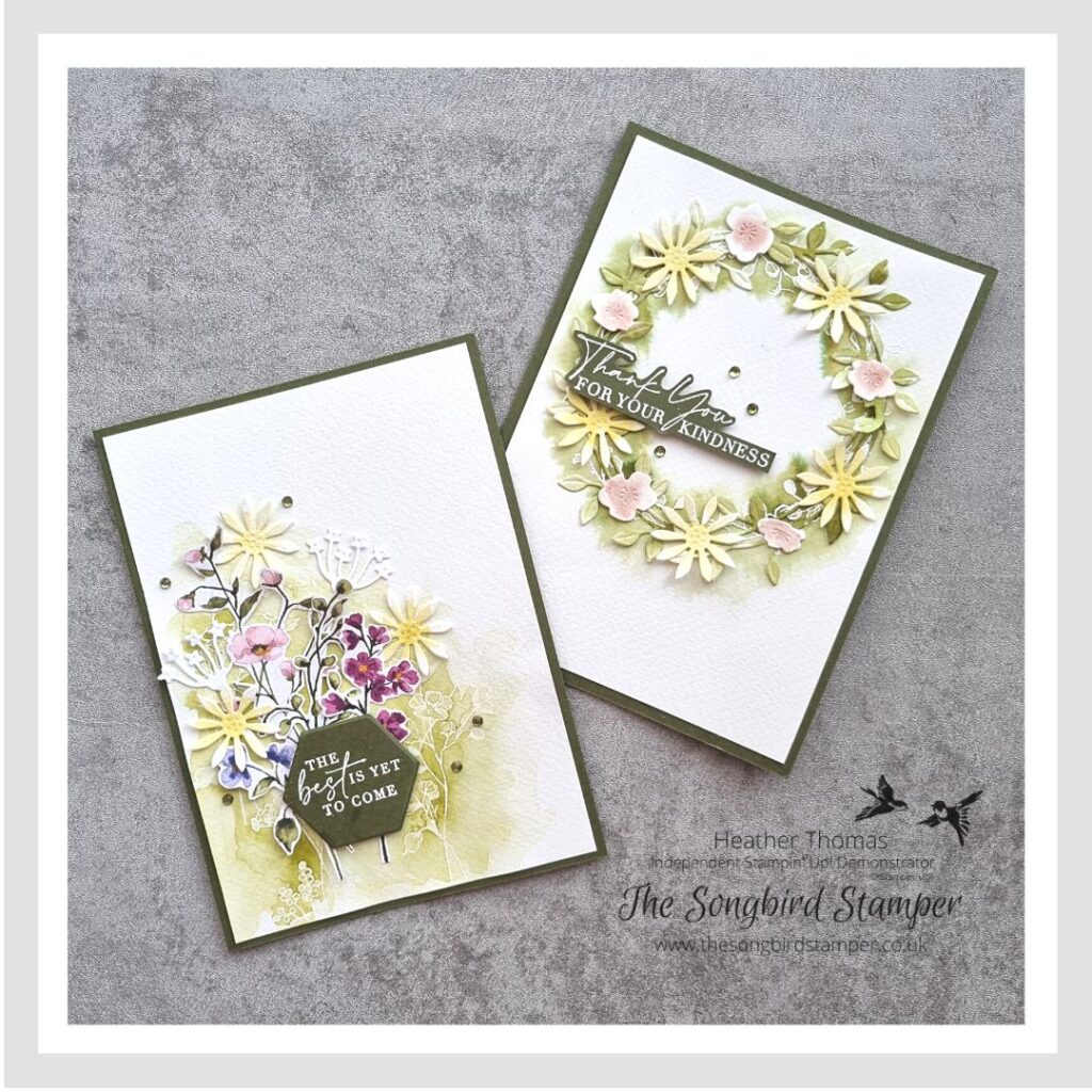Two handmade cards in greens, pinks and yellows, with a wreath of flowers using the emboss resist technique