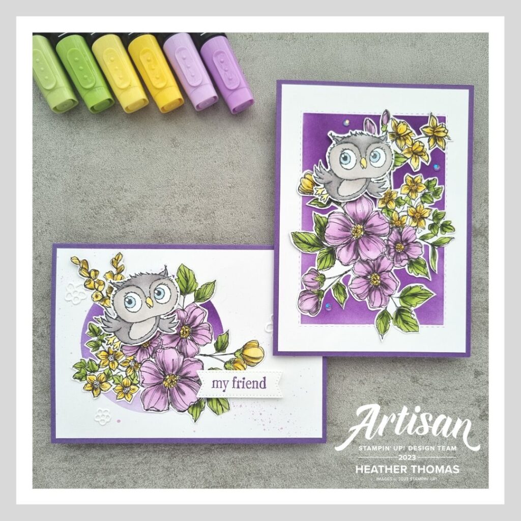 A pair of handmade card in purples, yellows and greens, with flowers and an owl from the Adorable Owls stamp set.