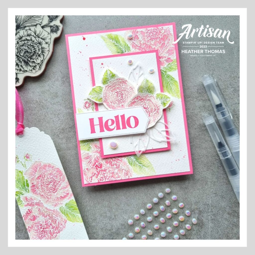 A handmade card with flowers in pink and green showing how to colour flowers quickly with watercolour