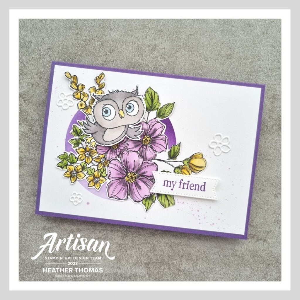 A handmade card in purples, yellows and greens, with flowers and an owl from the Adorable Owls stamp set.