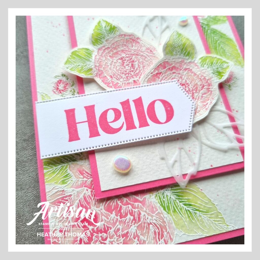 A handmade card with flowers in pink and green showing how to colour flowers quickly with watercolour