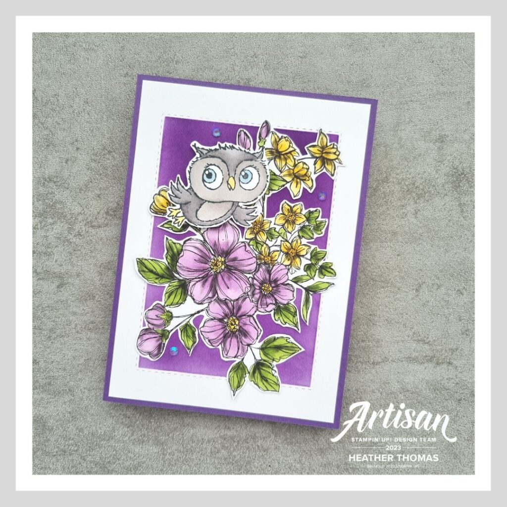 A handmade card in purples, yellows and greens, with flowers and an owl from the Adorable Owls stamp set.