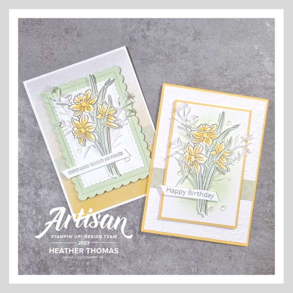 Two handmade cards in yellow and green to demonstrate how to colour daffodils with stampin' blends