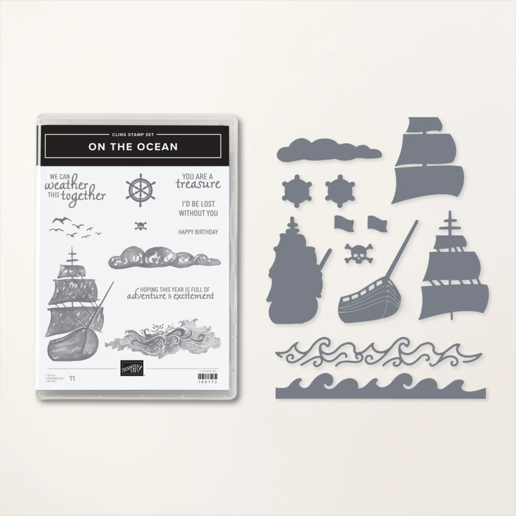 On the Ocean stamp and die bundle from stampin' Up! With pirate ships, clouds and seas