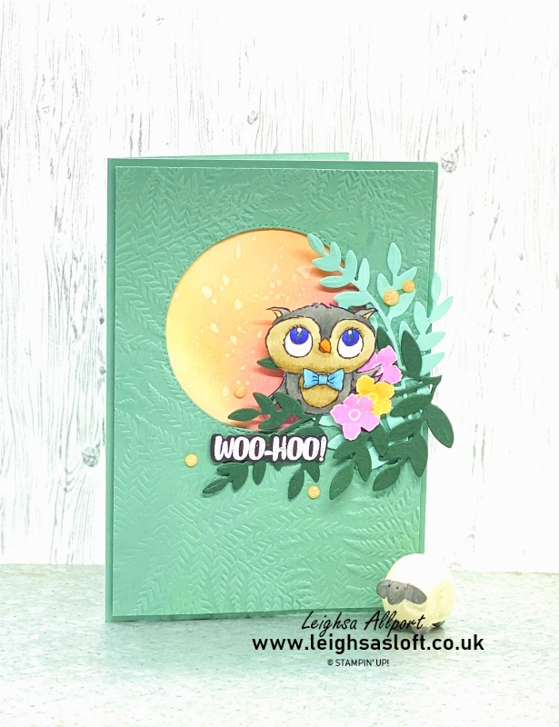 A handmade card by Leighsa from Leighsa's Loft, in green and orange with an owl from the Adorable Owls stamp set. 