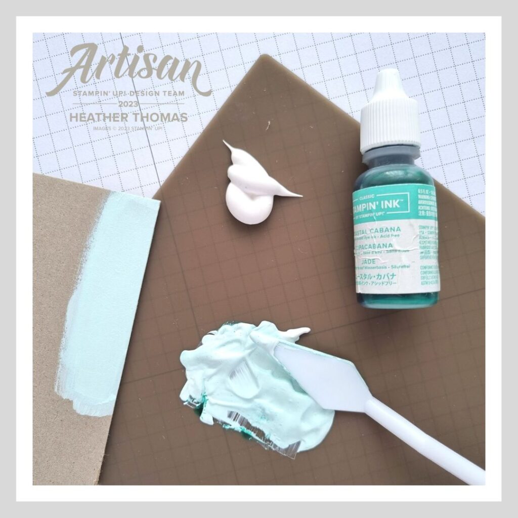 A picture showing how to colour white acrylic paint using Stampin' Up! ink refills, in order to paint the base of my Two-Tone Flora home decor piece. 