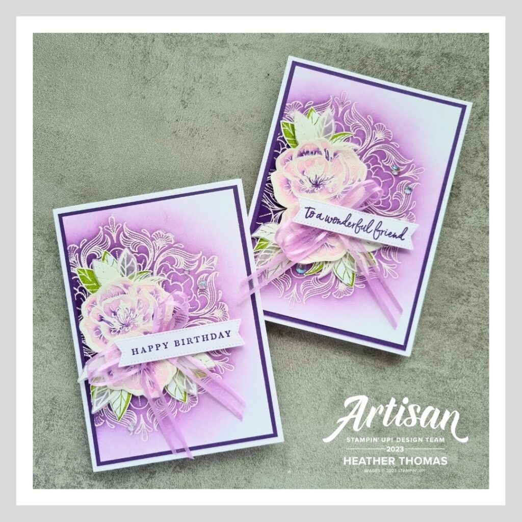 Two handmade cards with flowers, in purple, demonstrating the emboss resist technique