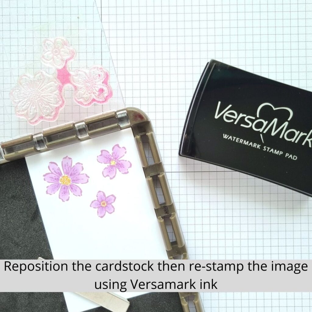 Step 3 showing how to use heat embossing and alcohol markers together - re-stamp the image in Versamark ink