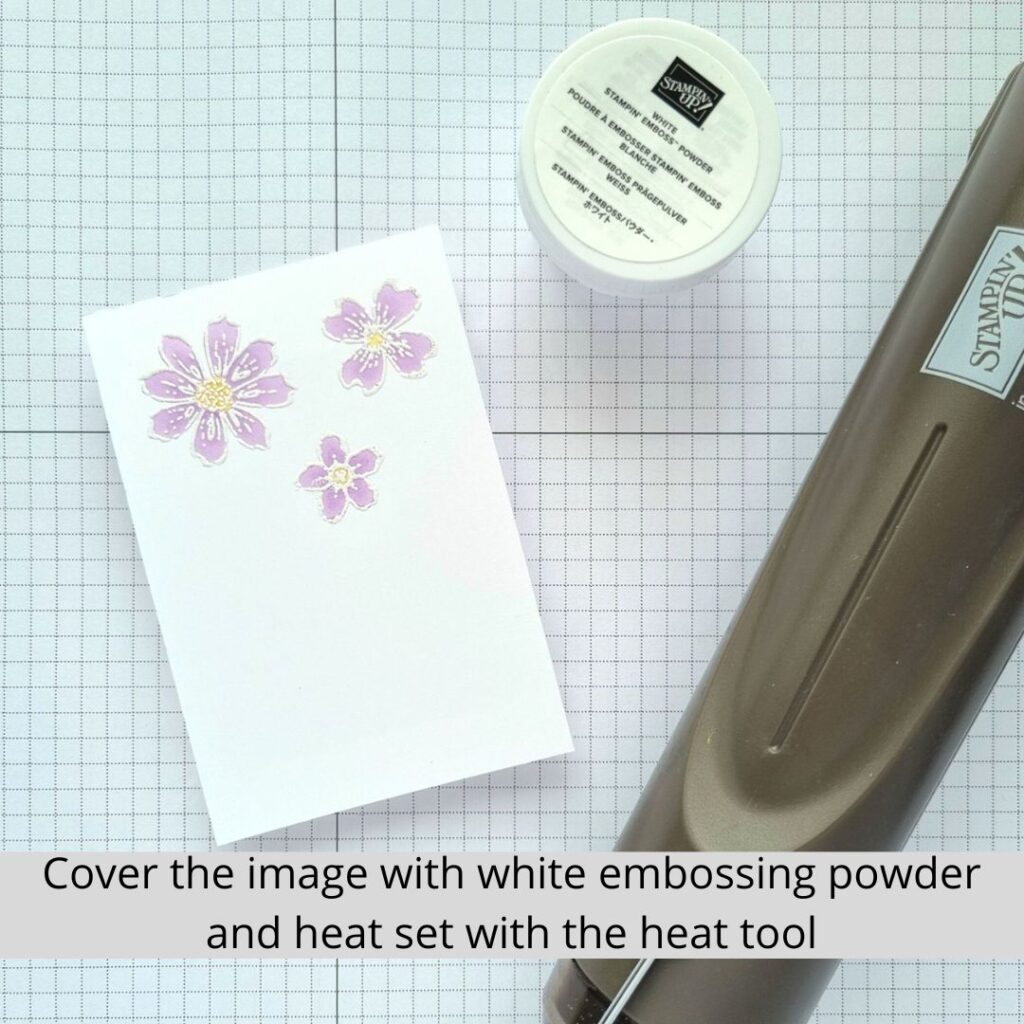 Step 4 showing how to use heat embossing and alcohol markers together - cover the image with white heat embossing powder and heat set