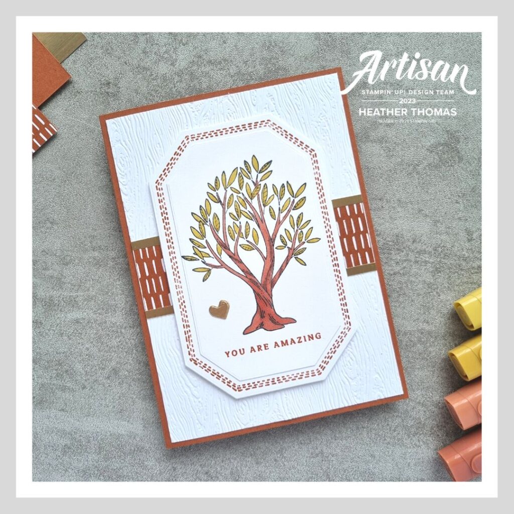 A masculine themed nature card with a coloured in image of a tree and the words 'you are amazing'