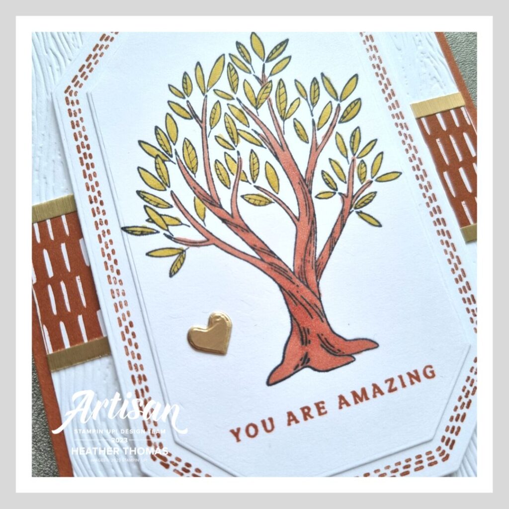 A masculine themed nature card with a coloured in image of a tree and the words 'you are amazing'