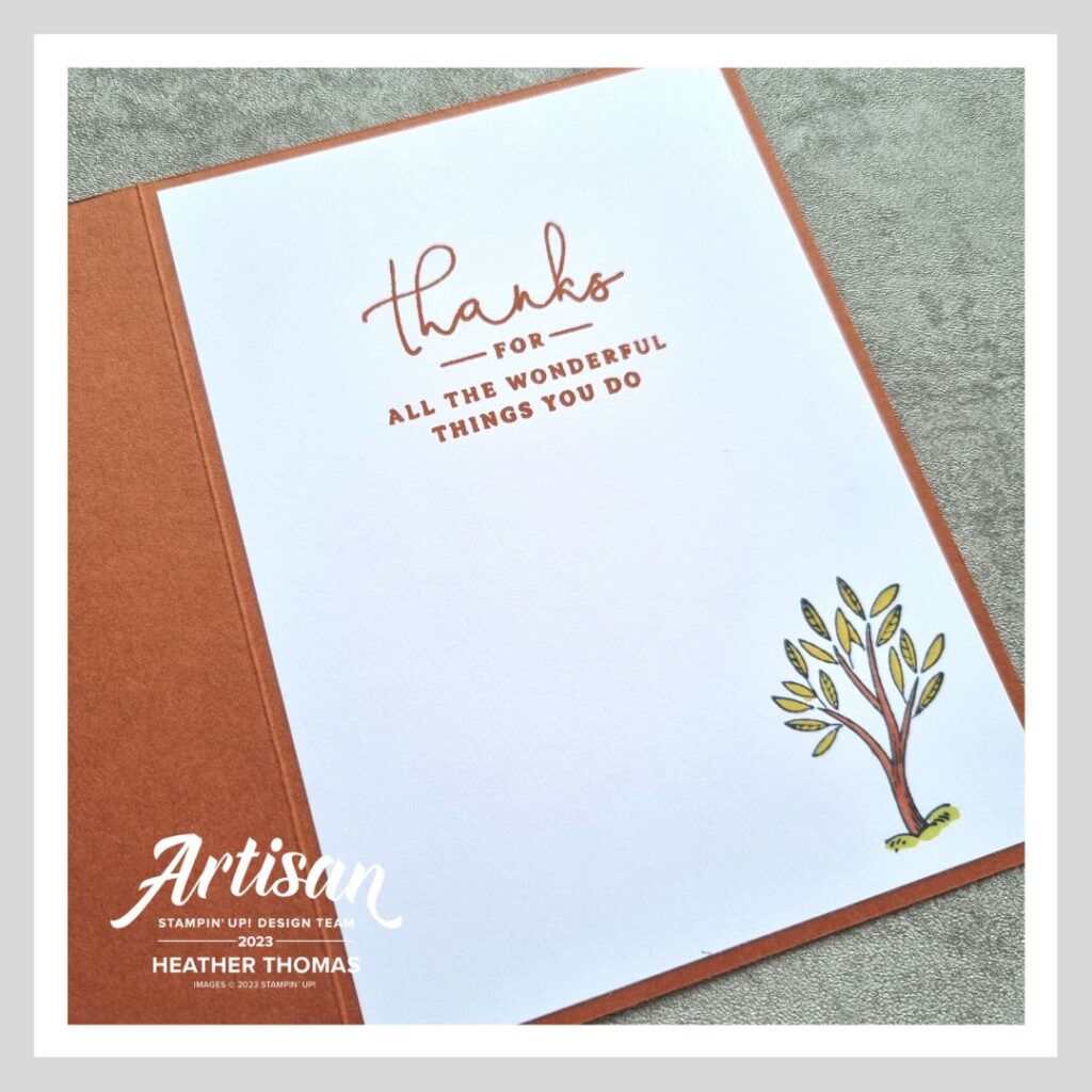 The inside of a masculine themed nature card with a coloured in image of a tree and the words 'thanks for all the wonderful things you do'