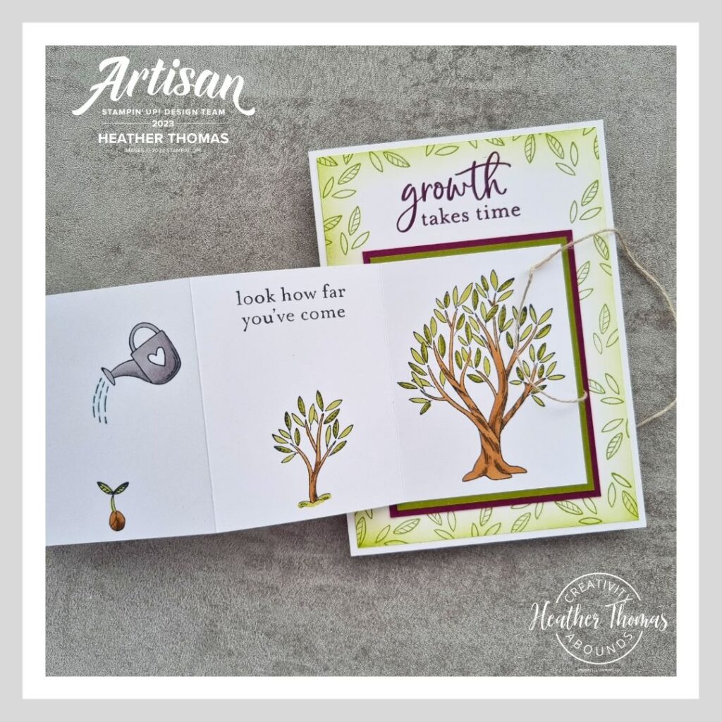 A Tri-Fold Panel Card with green leaves and showing a seed growing into a tree, using the Growth Takes Time stamp set from Stampin' Up!