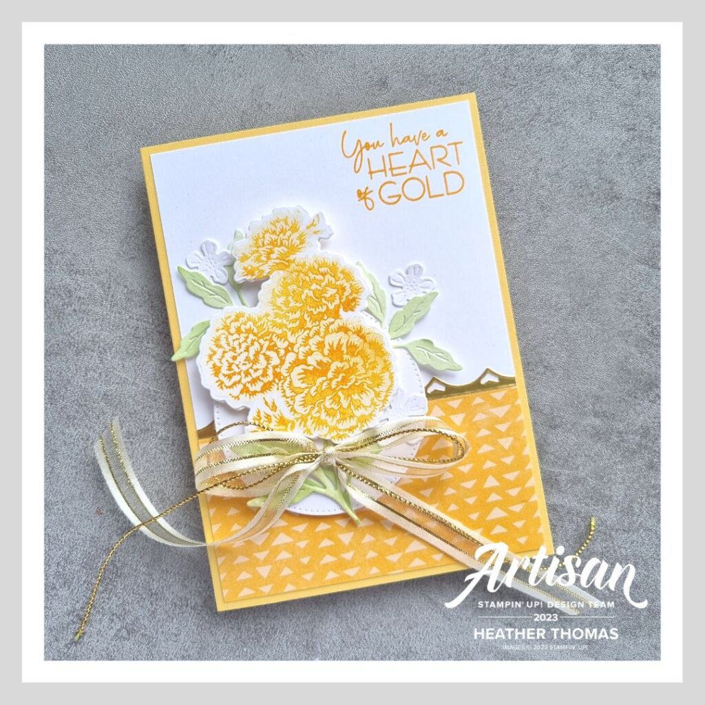 A handmade card in yellow and orange, with flowers from the Marigold Moments bundle