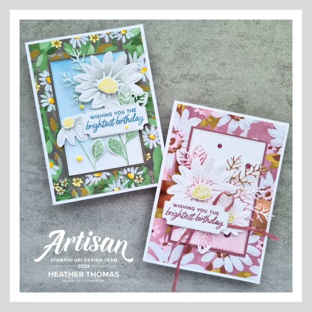 Two handmade cards, one green and blue and one purple, with daisies and leaves, using the Fresh as a Daisy suite by Stampin' Up!