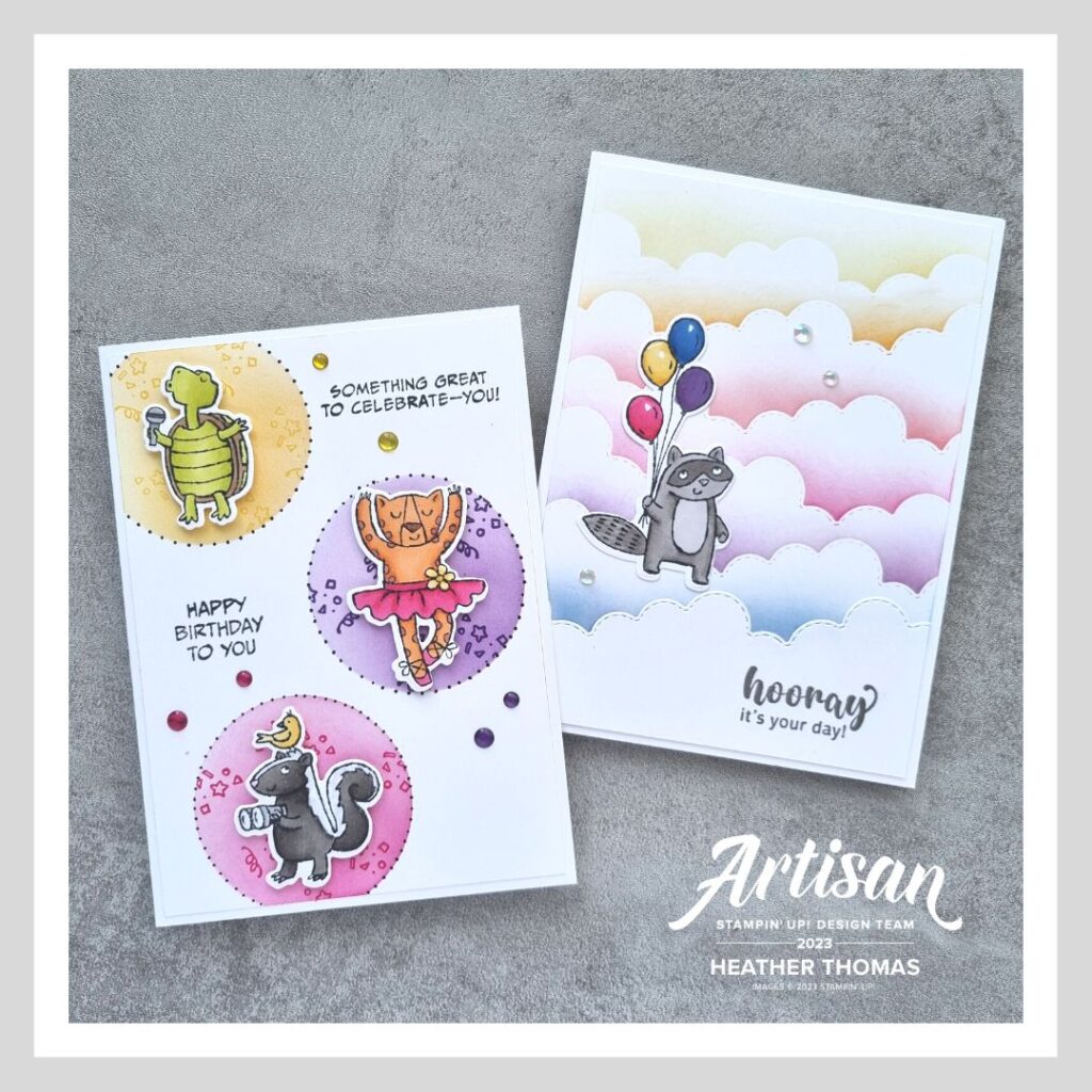 Two handmade cards made during a demonstration of how to make a rainbow card, using the Zany Zoo bundle from Stampin' Up!