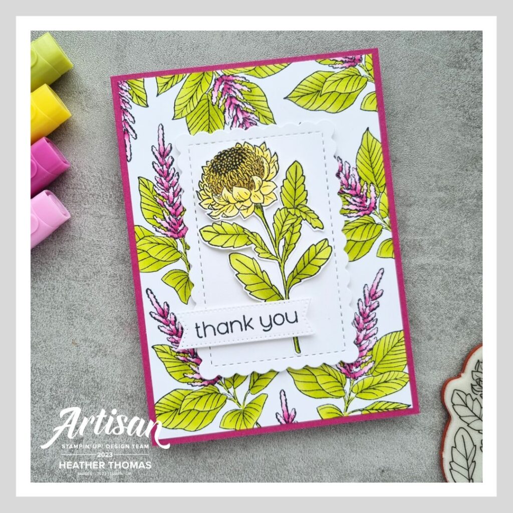 A handmade card with flowers coloured in using the new and returning colours from Stampin' Up!